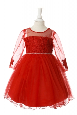 Girls Dress Style 10009 - Elegant Long Sleeve Dress with Floral Lace Details in White or Red